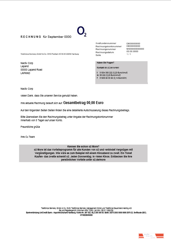Germany RECHNUNG O2 business utility bill template in Word and PDF formats